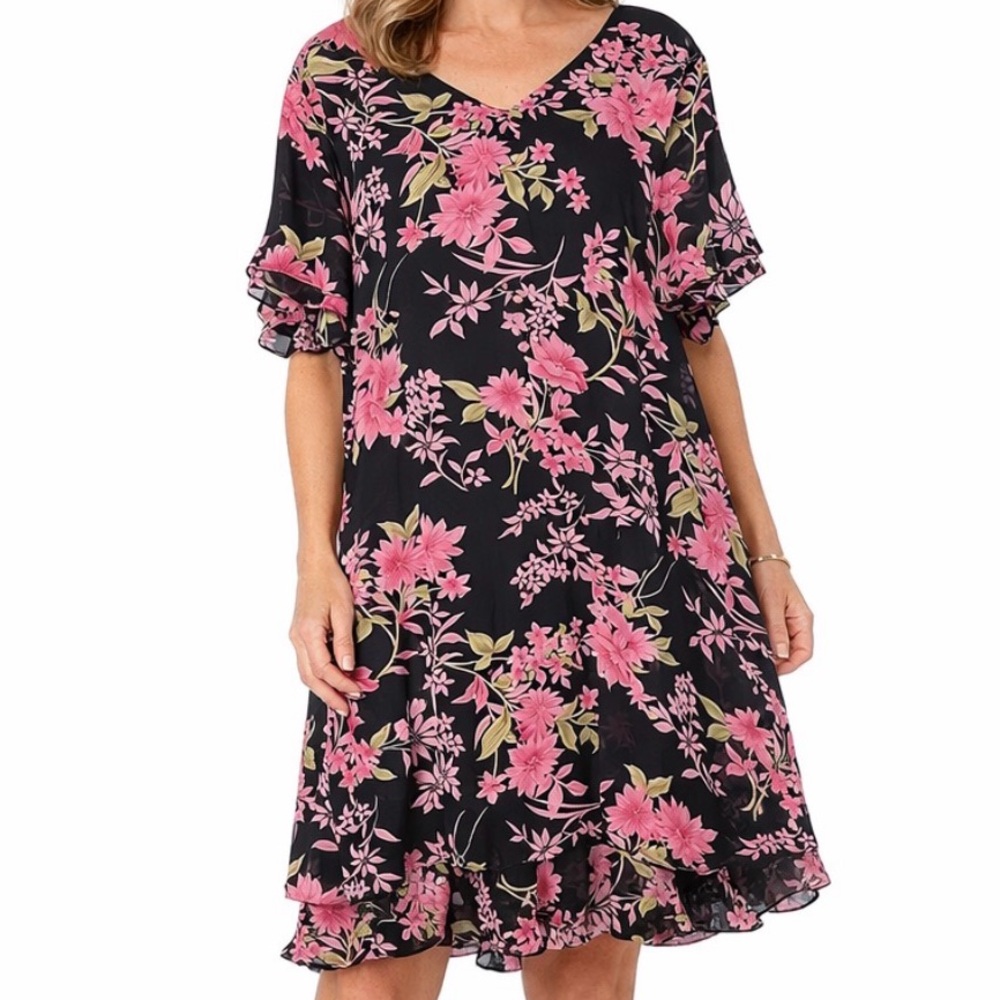 Anthony Richards Floral Black and Pink Tiered Dress
